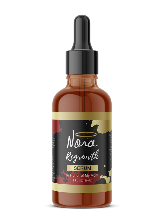 Nora Regrowth serum infused with over 25 essential oils. Helps with hair growth,  edges and dry scalp. See Results in 7-14 days. Order yours today at www.theknstore.com to grow your hair and edges.